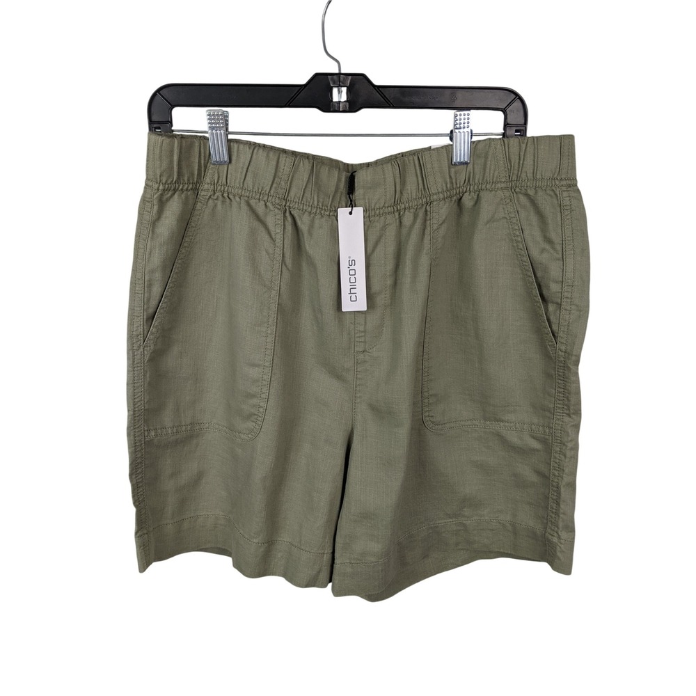 Chicos Womens Olive Green Cotton Linen Blend Pull On Shorts Size 2 US 12 NWT